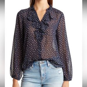 Navy blue spotted sheer ruffle blouse